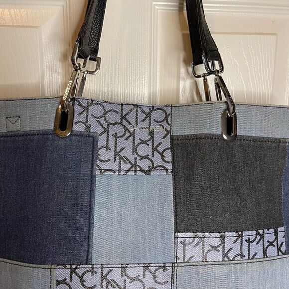 Calvin Klein gray and Bleu denim logo with black synthetic trim large tote - Picture 2 of 15